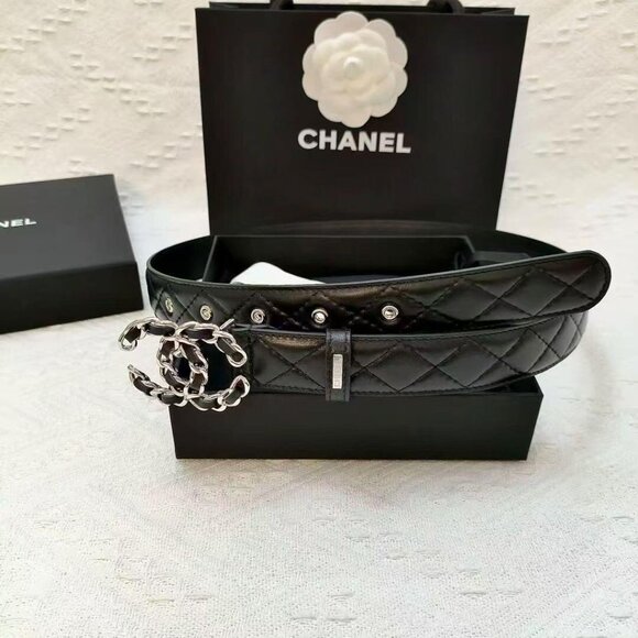Chanel Letter Logo Smooth Clasp Leather Belt Women's St - Picture 1 of 5